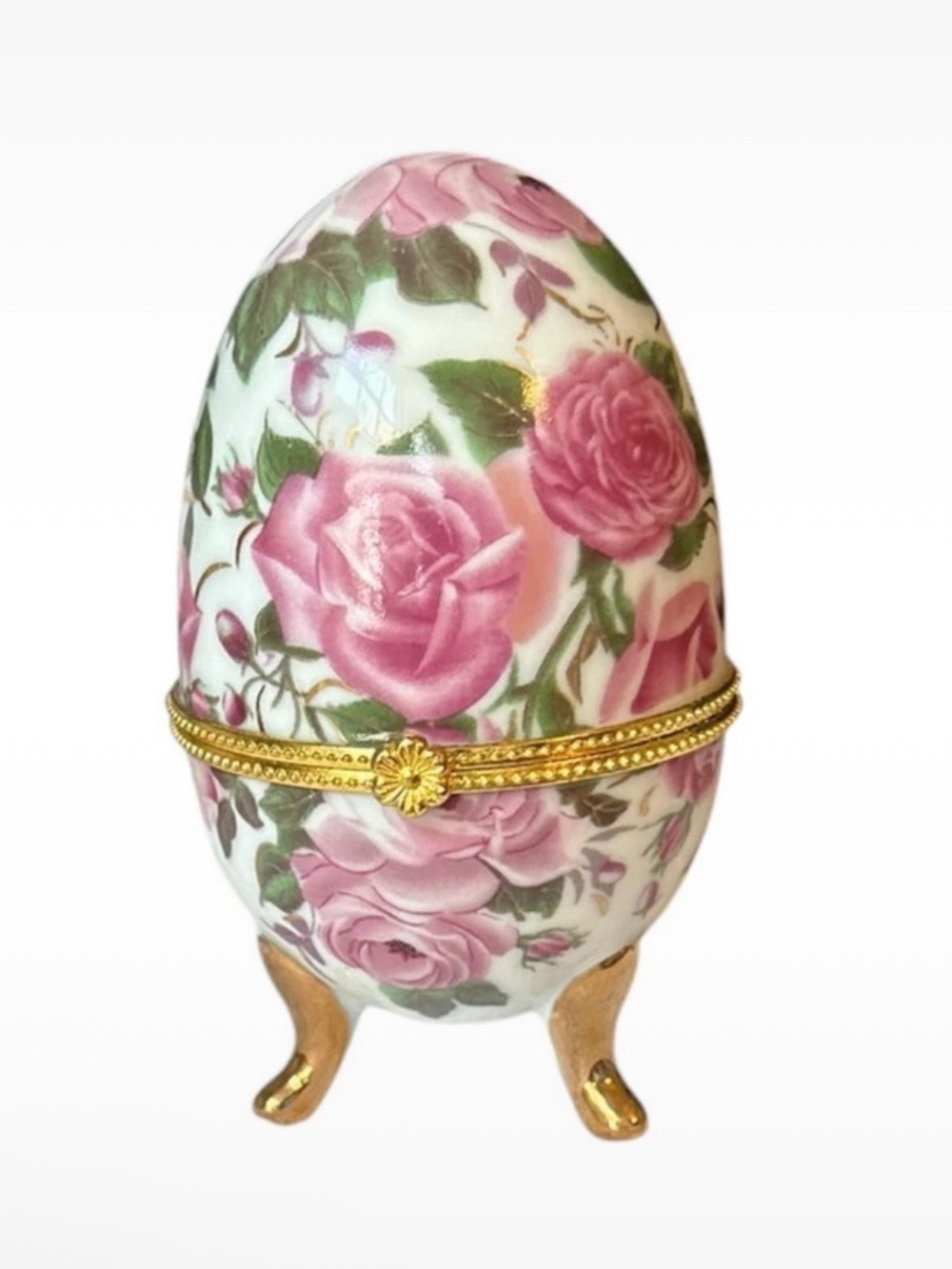 Vintage Porcelain Rose Chintz Decorative Egg Trinket Box with Gold Trim